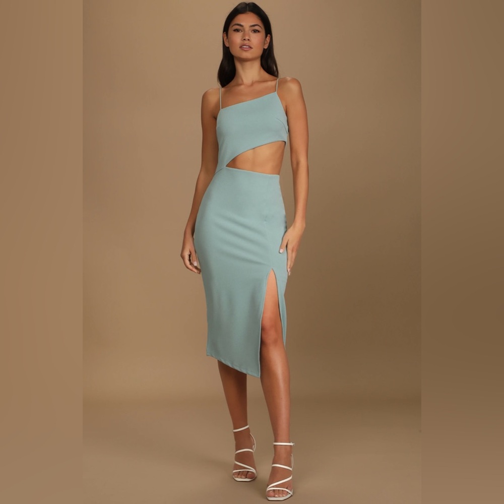 Lulus Flawless Attitude Sage Blue Asymmetrical Cutout Midi Dress